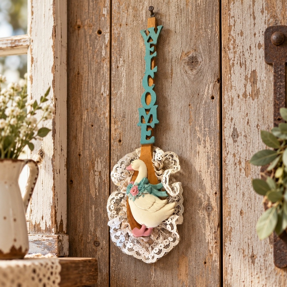 Vintage Wooden Welcome Spoon Sign Country Goose Wall Decor Lace Trim 12 Inch